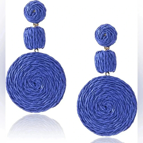 🎈4 LISTINGS FOR $20!! Raffia Drop Earrings | blue dangle round earrings - Picture 2 of 7